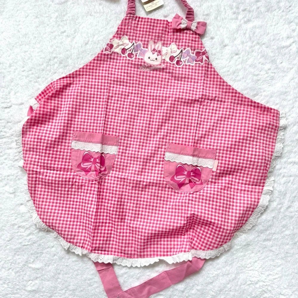 RARE New Mother Garden Usamomo Apron head scarf  130cm pink gingham lace bow
